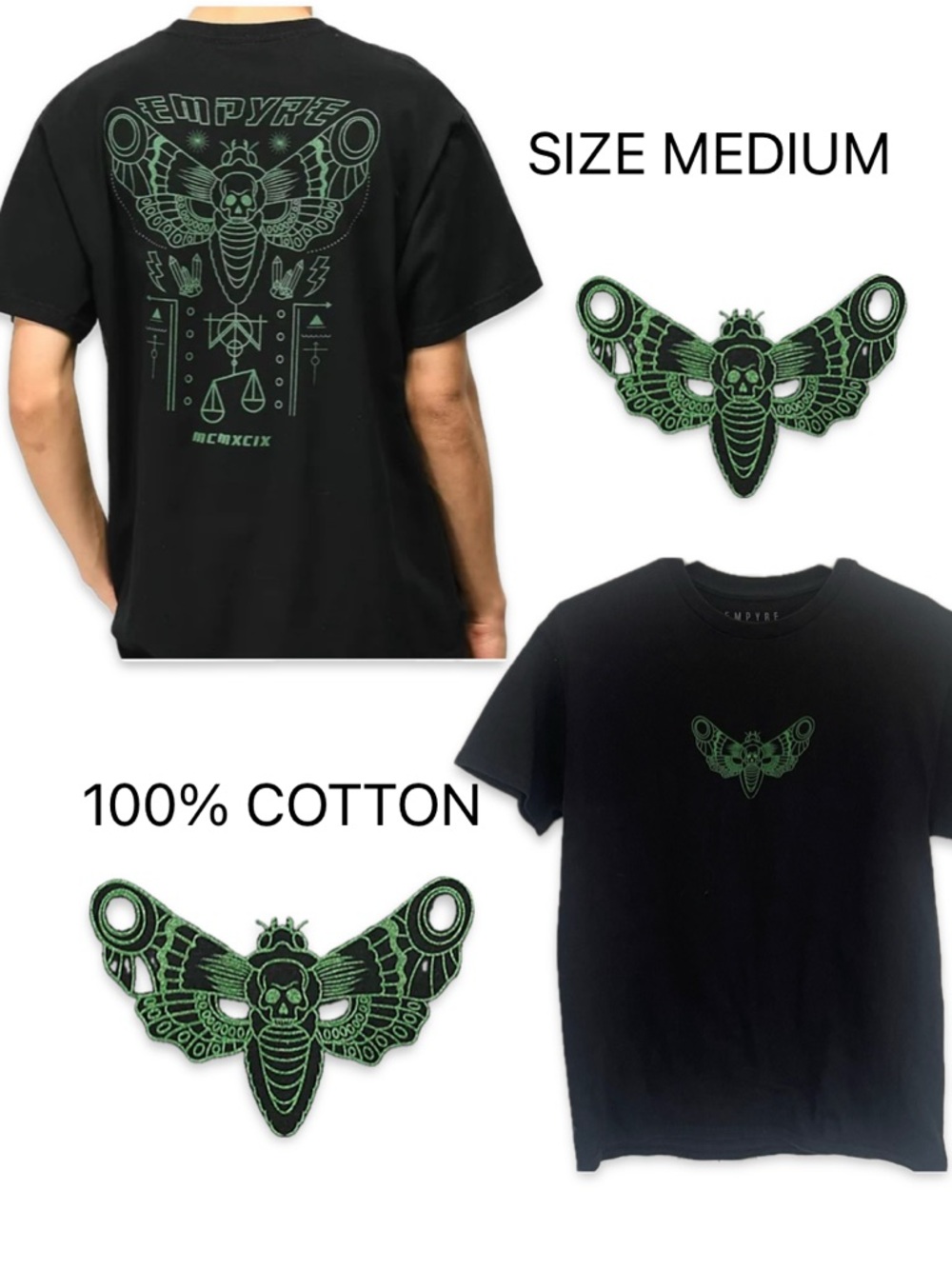 Empyre Mystique Black Moth Graphic T-Shirt Chest Back Print Cotton Medium